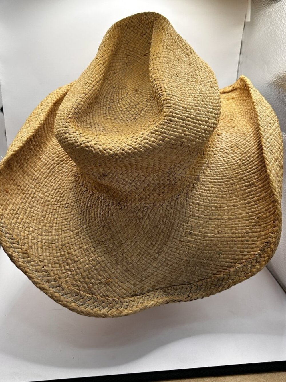 Shady Brady Straw Cowboy Hat Handmade Rolled Brim Braided Leather USA Large Vtg - Picture 3 of 6